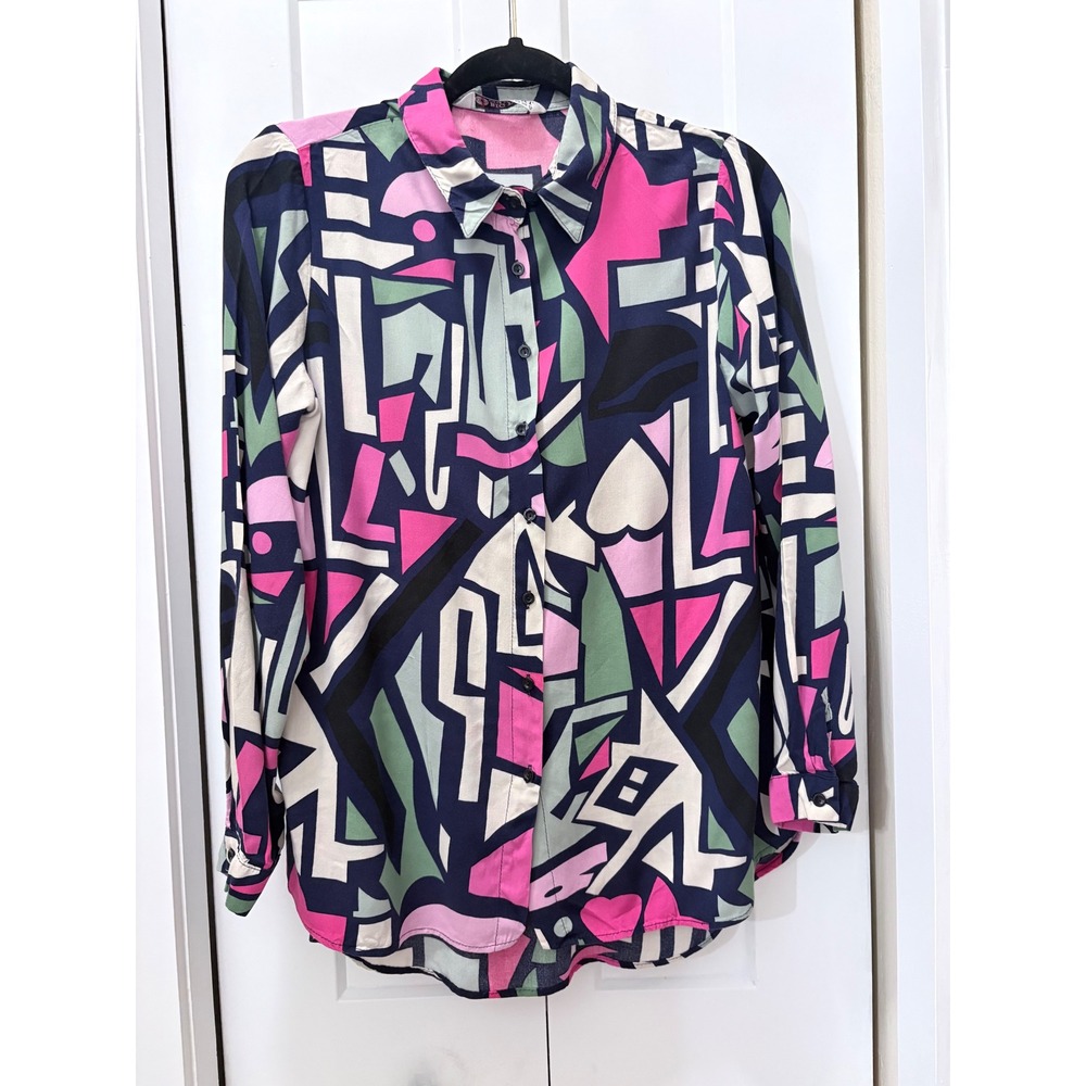 Big Dart Women Abstract Geometric Print Button Down Shirt Pink Navy Size M 8-10